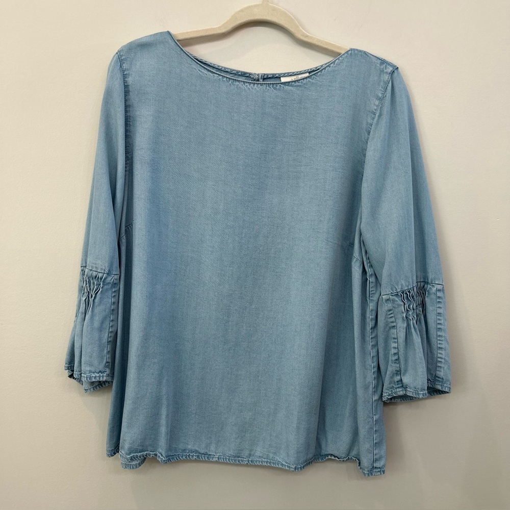 J Jill Denim Quarter Length Sleeves Boatneck Top Sleeve Ruching Tencel Size L
